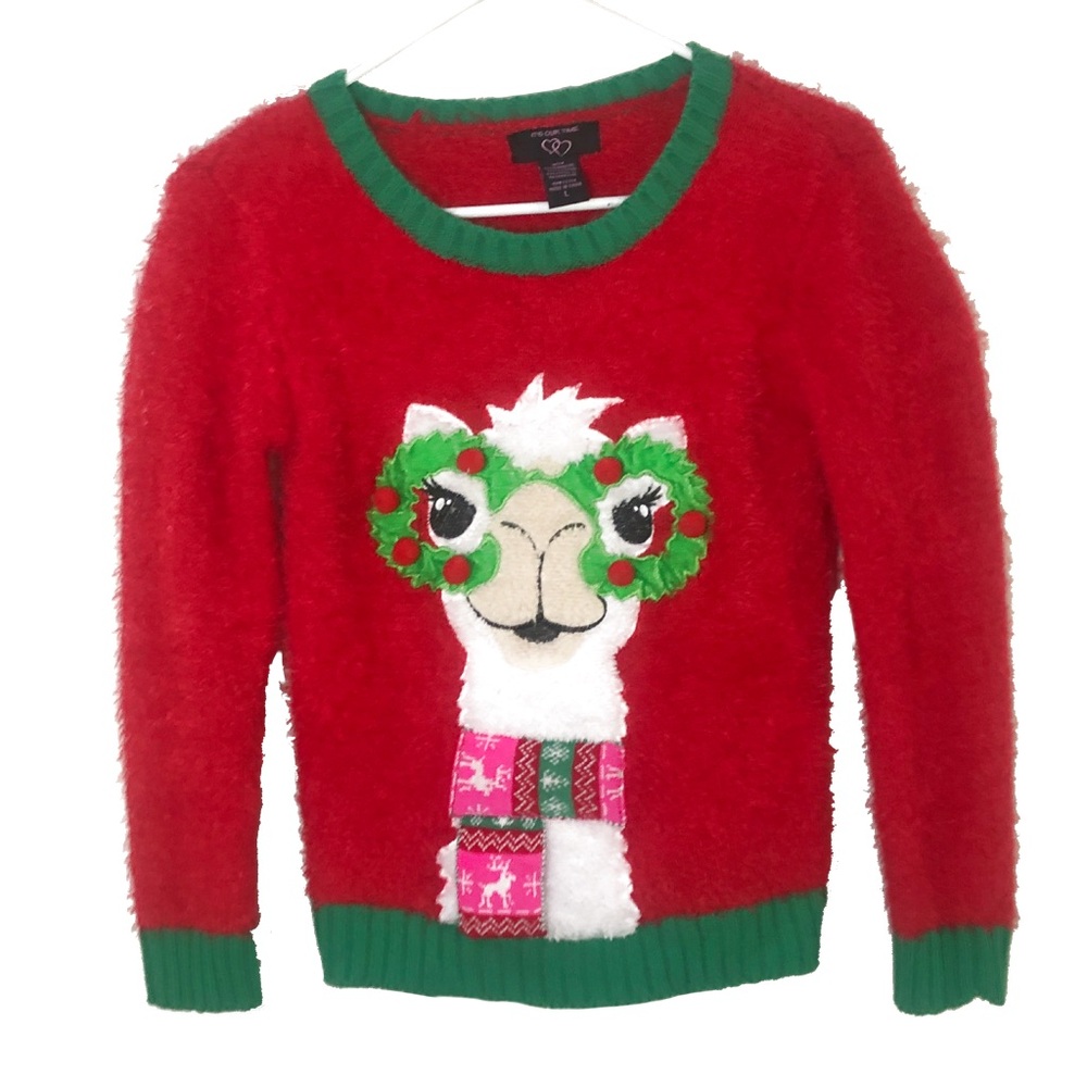 Girls LLAMA CHRISTMAS UGLY SWEATER TOP large FUNNY GLASSES POMPOMS festive